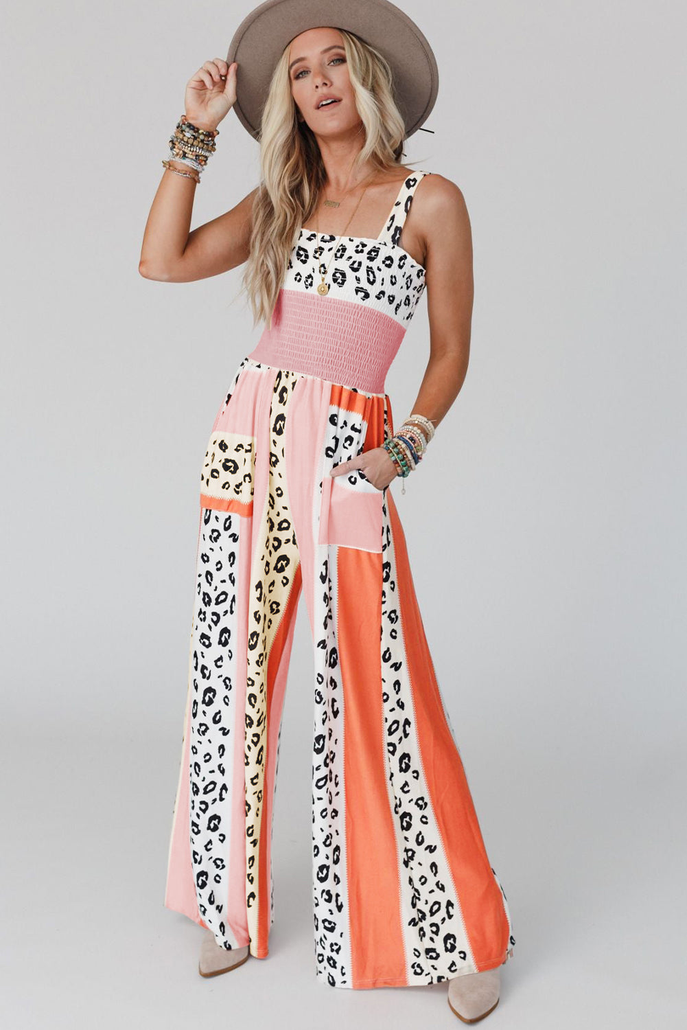 Pink Leopard Color Block Mix Print Pocketed Jumpsuit