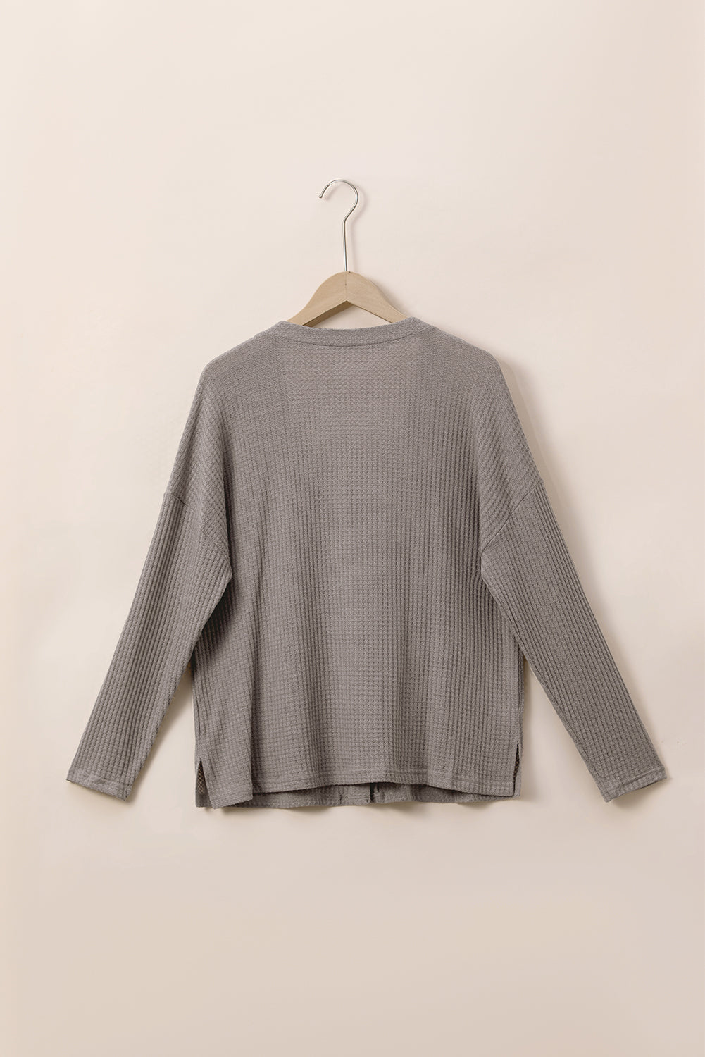 Simply Taupe Waffle Knit Drop Shoulder Button V Neck Plus Size Top