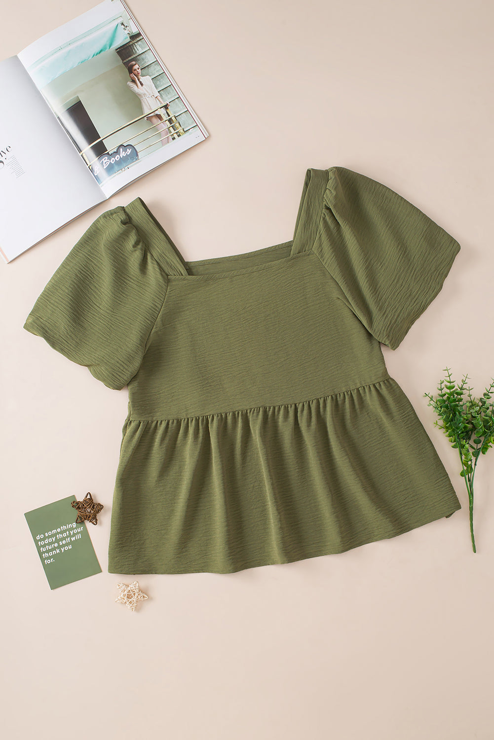 Jungle Green Solid Short Sleeve Square Neck Plus Babydoll Top