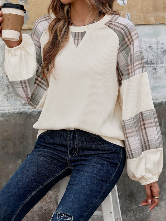 Plaid Round Neck Long Sleeve Sweatshirt