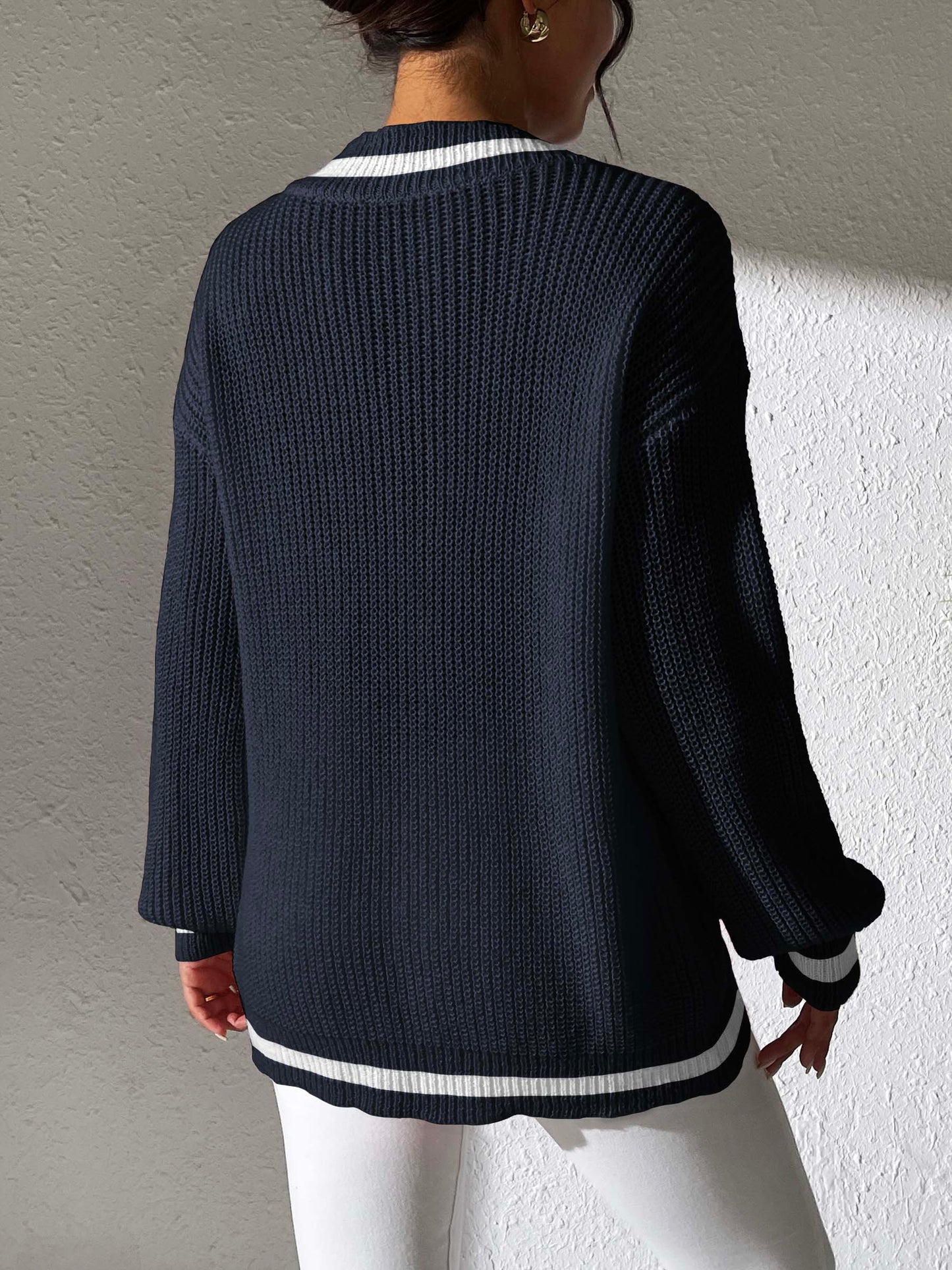 Contrast Trim V-Neck Long Sleeve Sweater