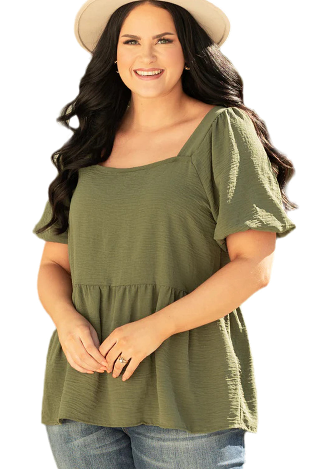 Jungle Green Solid Short Sleeve Square Neck Plus Babydoll Top