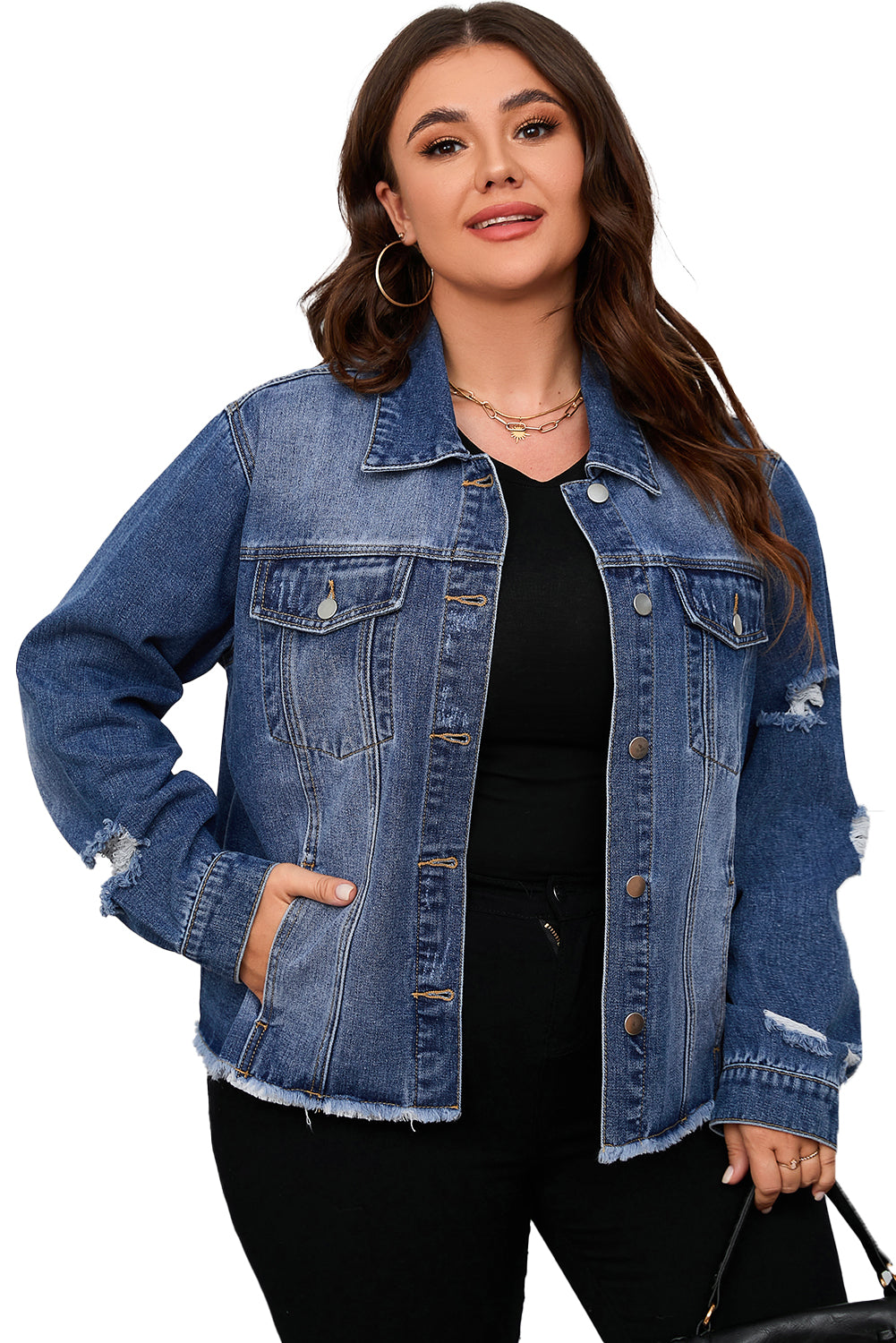 Dark Blue Plus Size Distressed Flap Pocket Denim Jacket