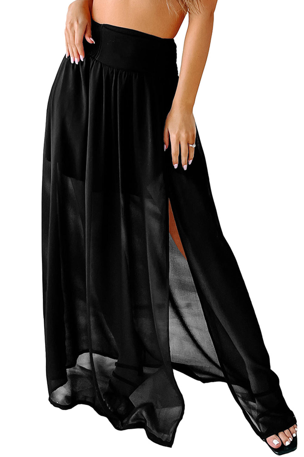 Black Shirred High Waist Chiffon Split Beach Maxi Skirt