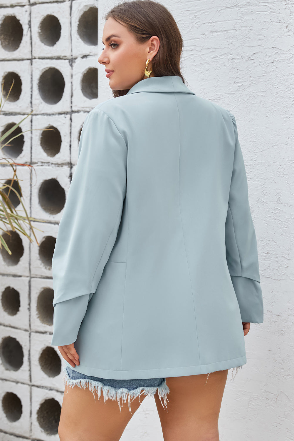 Sky Blue Plus Size Soft Lightweight Pocketed Lapel Blazer