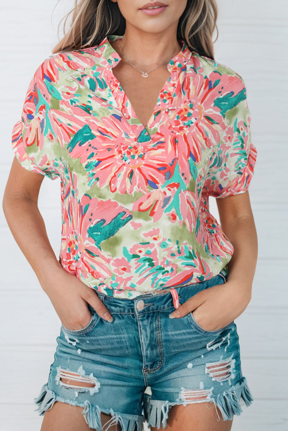 Floral Notched Neck Short Sleeve Top