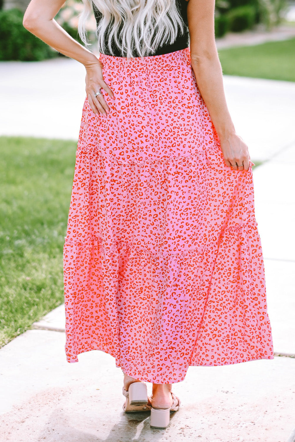 Pink Leopard Print Frilled Drawstring High Waist Maxi Skirt