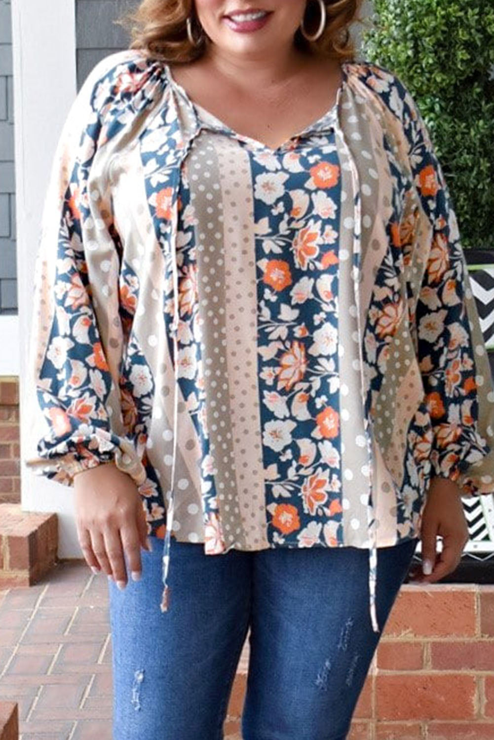 Multicolor Plus Size Mixed Print Split Neck Blouse