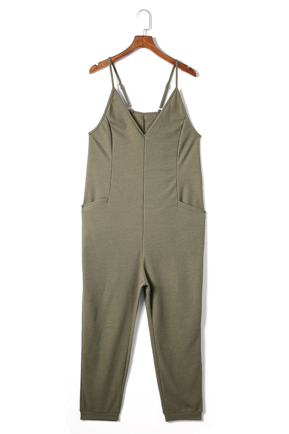 Green Textured Sleeveless V-Neck Pocketed Casual Jumpsuit