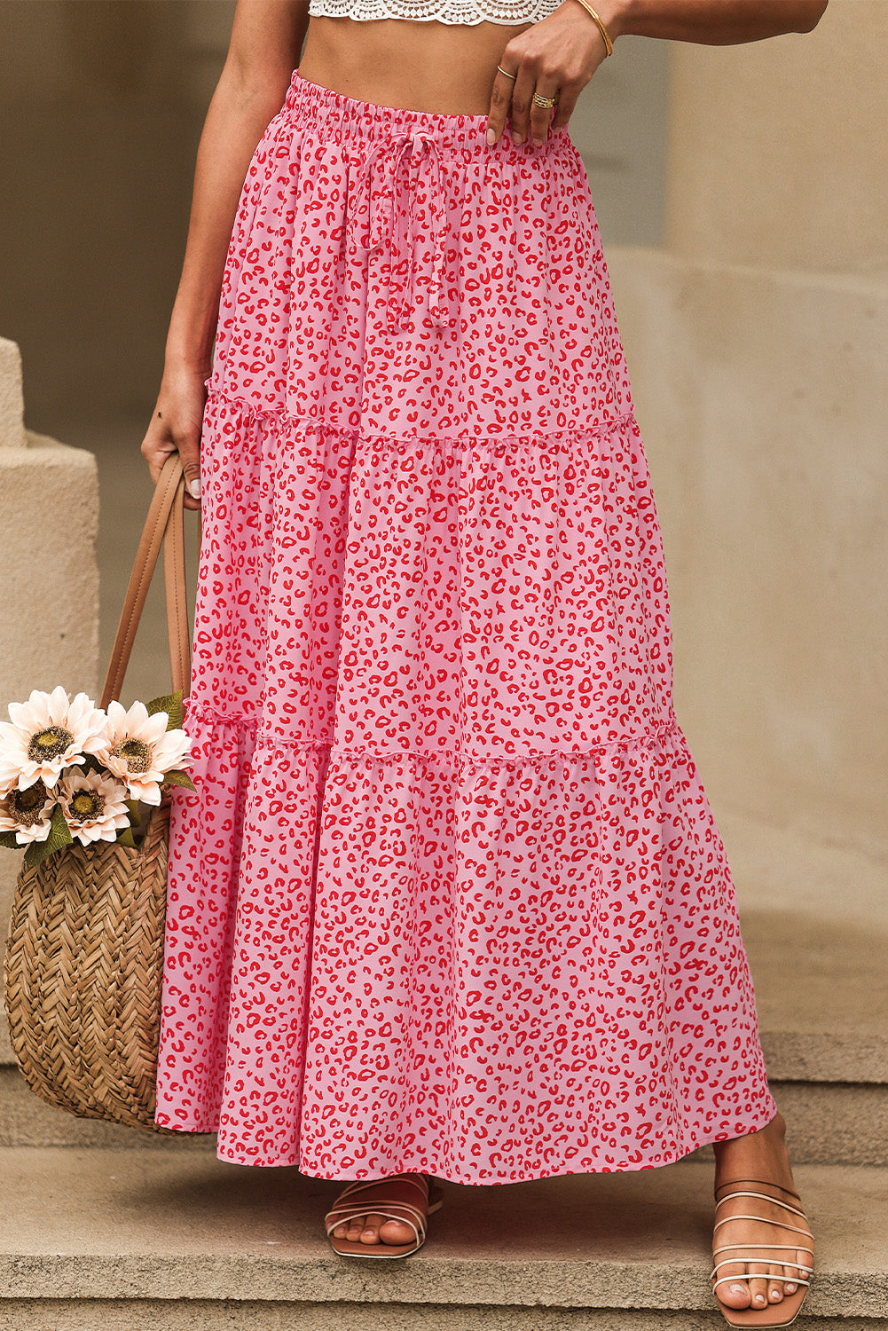 Pink Leopard Print Frilled Drawstring High Waist Maxi Skirt