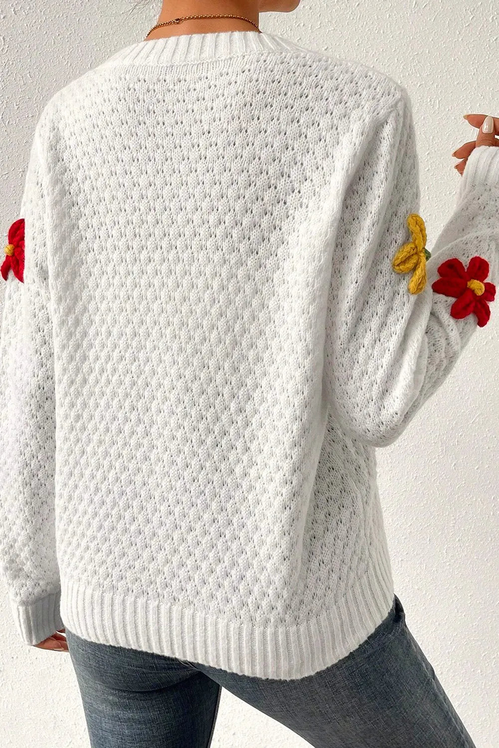 Crochet Flower Round Neck Sweater