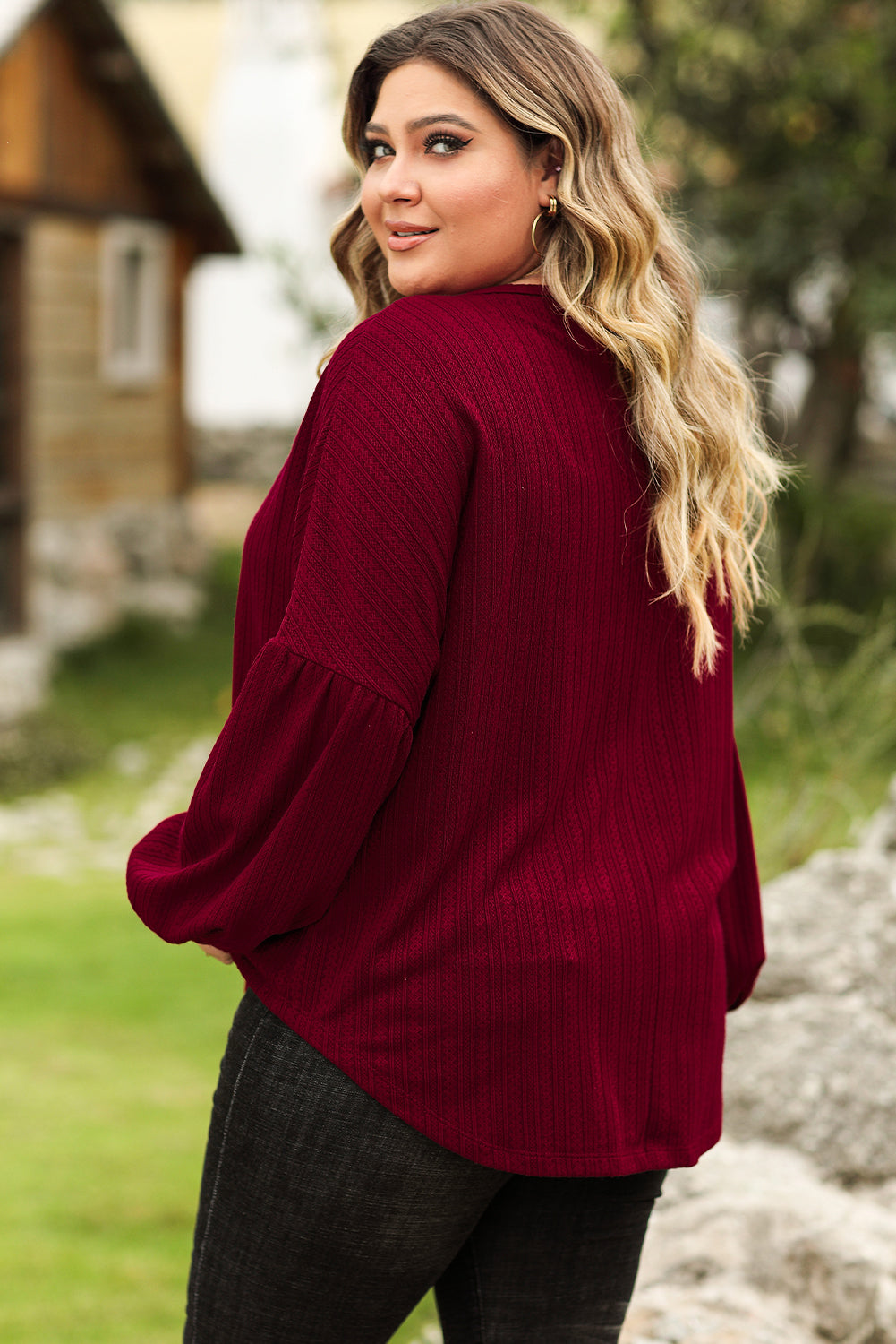 Red Dahlia Plus Size Balloon Sleeve Textured Knit Top