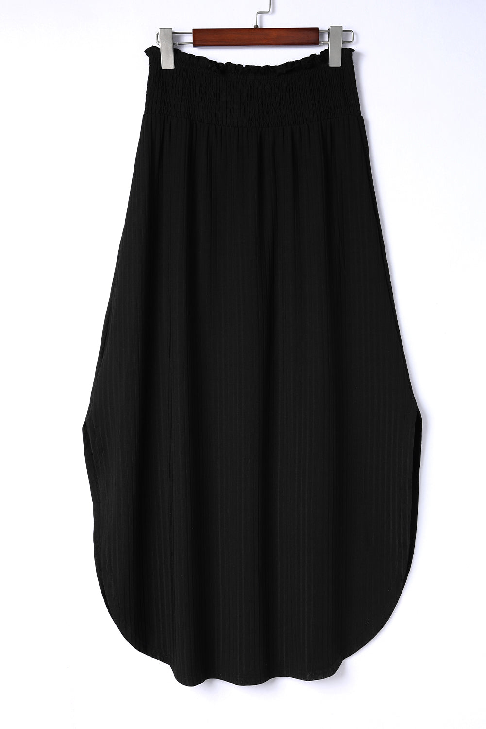 Black Smocked High Waist Maxi Skirt with Slit