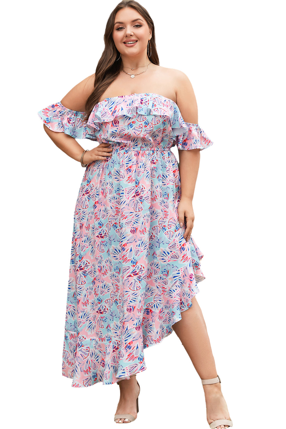 Pink Sea Shell Print Ruffled Sleeve Plus Size Maxi Dress