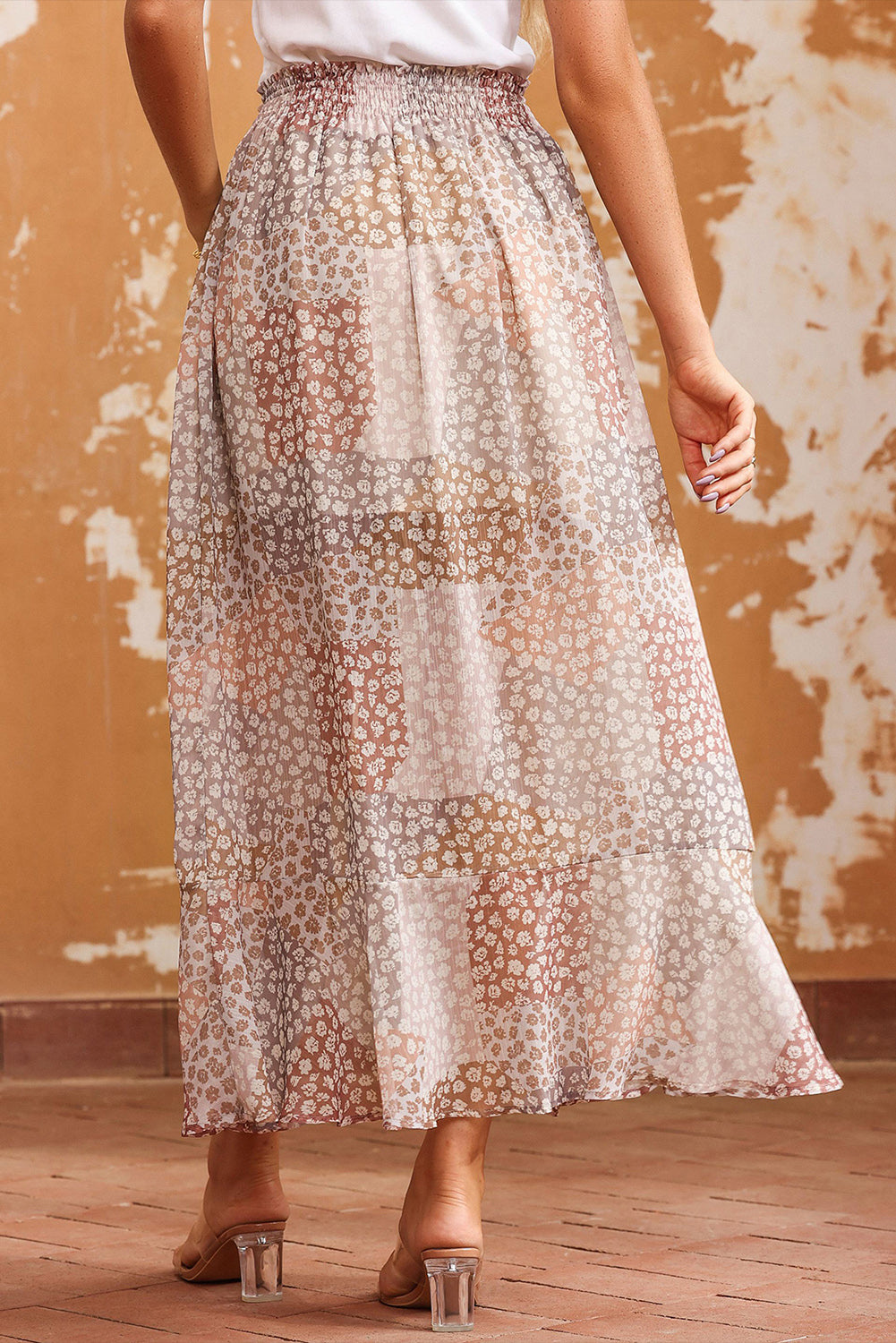 Apricot Boho Flower Print Smocked Waist Button Slit Maxi Skirt