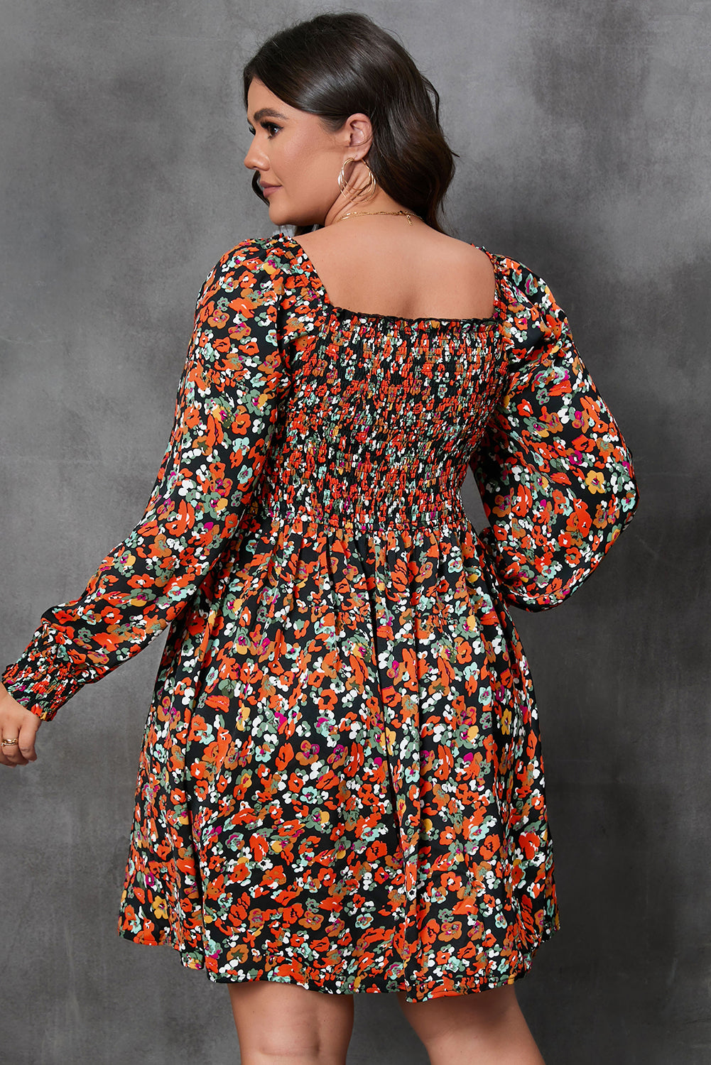 Multicolor Plus Size Smocked Long Sleeve Floral Dress