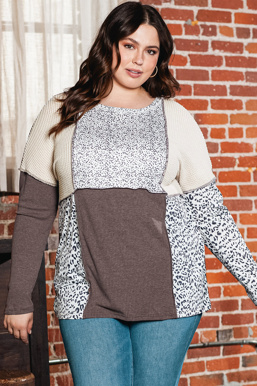 Brown Plus Size Leopard Waffle Ribbed Knit Patchwork Top