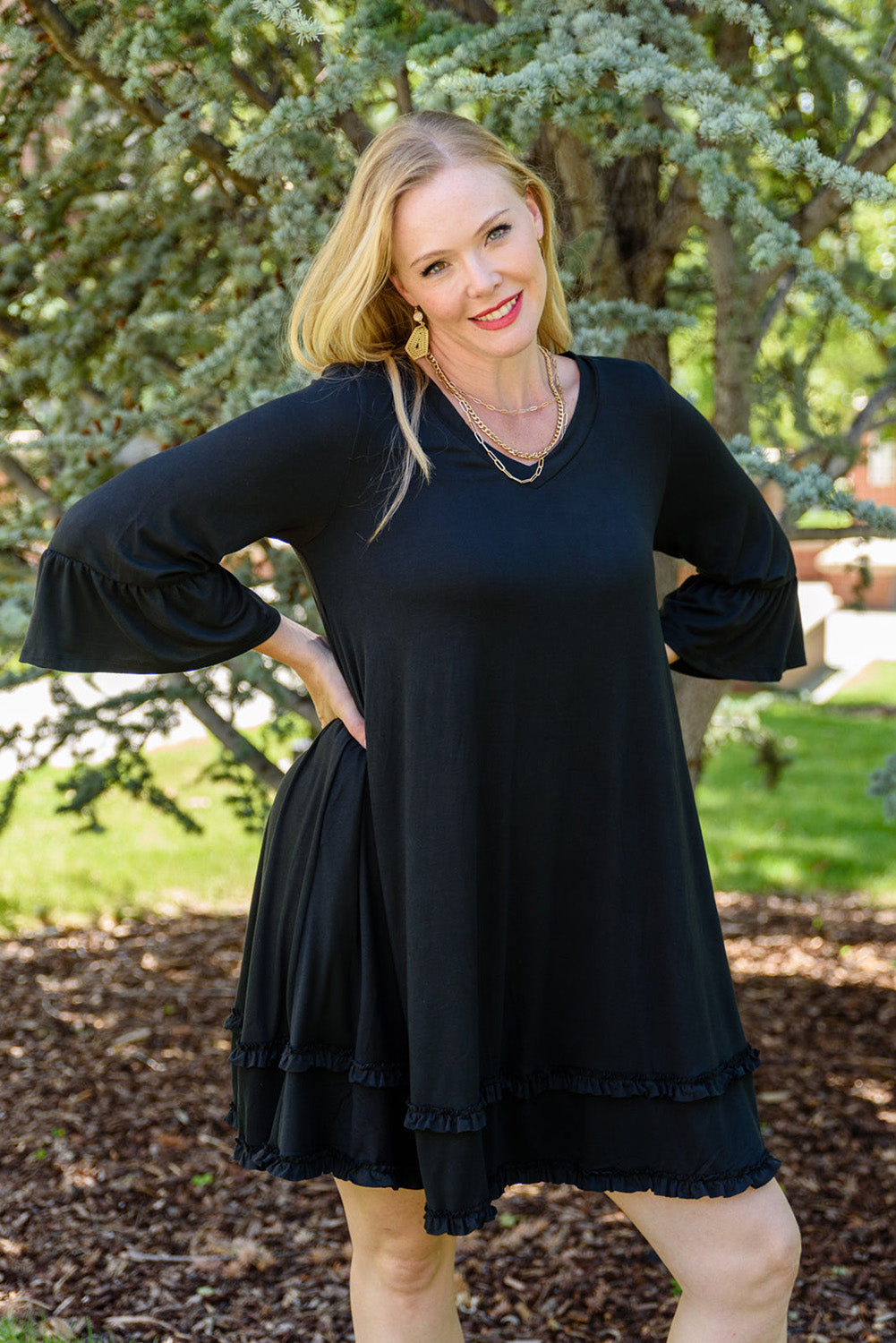 Black Plus Size Ruffled Trim 3/4 Sleeve Dress