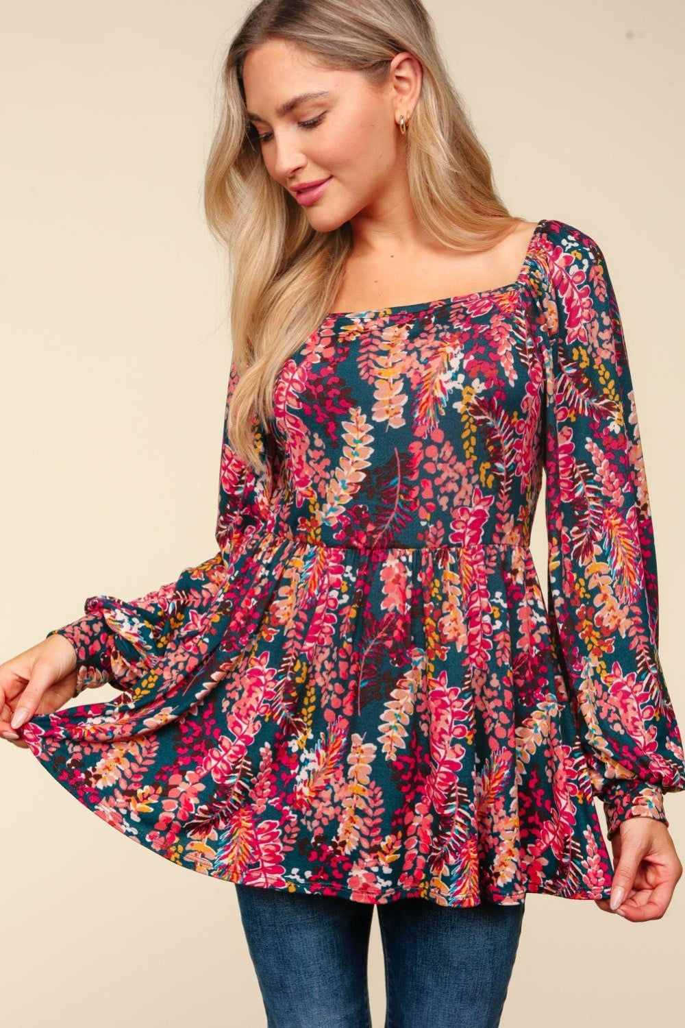 Haptics Full Size Peplum Floral Square Neck Blouse