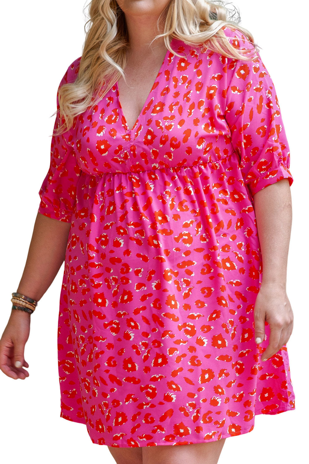 Rose Plus Size 3/4 Sleeves V Neck Leopard Dress