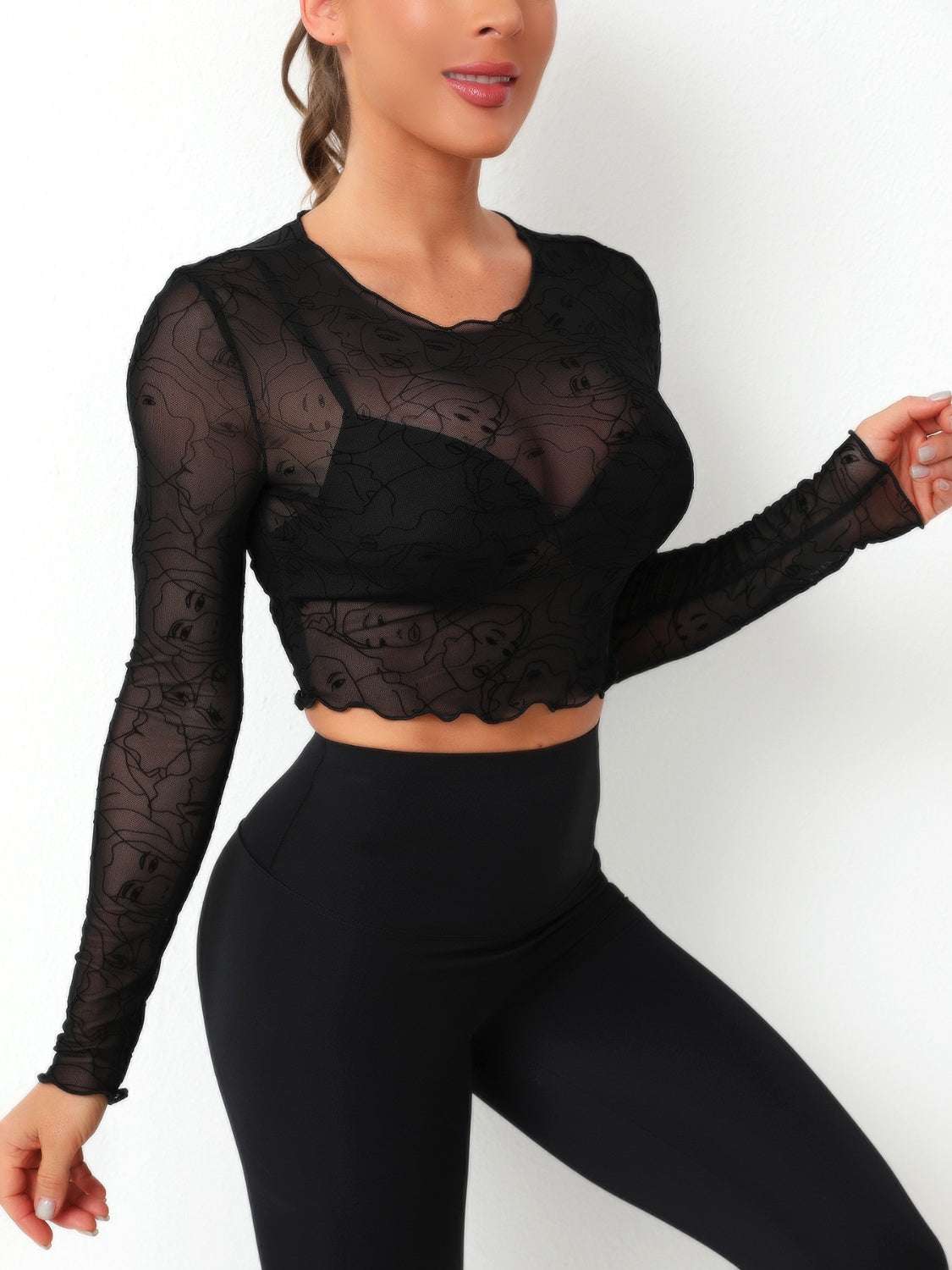 Round Neck Long Sleeve Sheer Top