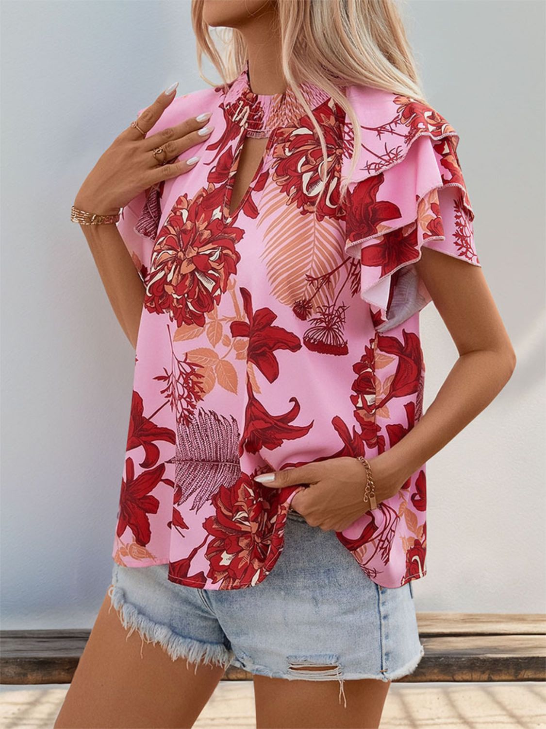 Ruffled Printed Round Neck Short Sleeve Blouse