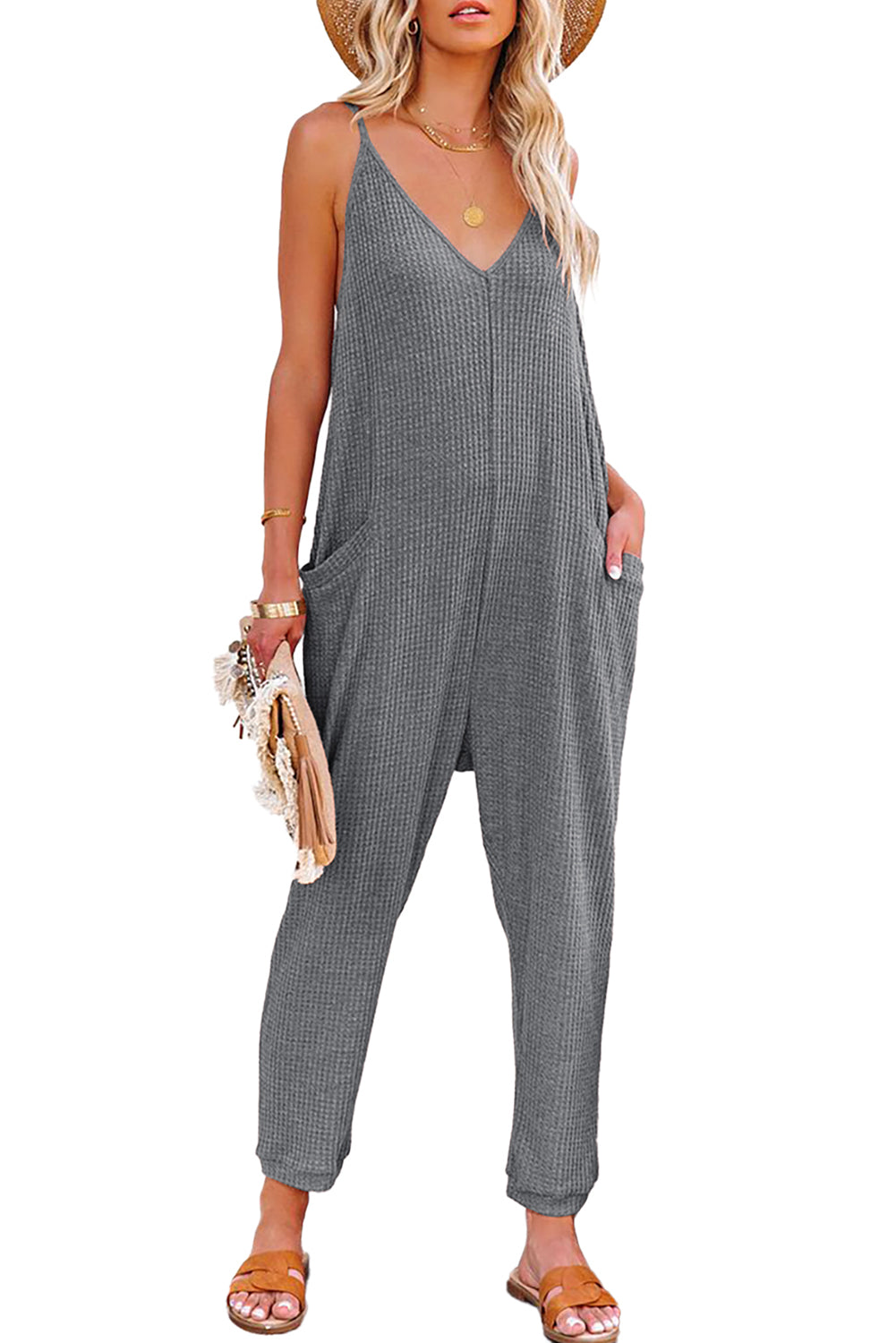 Gray Textured Sleeveless V-Neck Pocketed Casual Jumpsuit