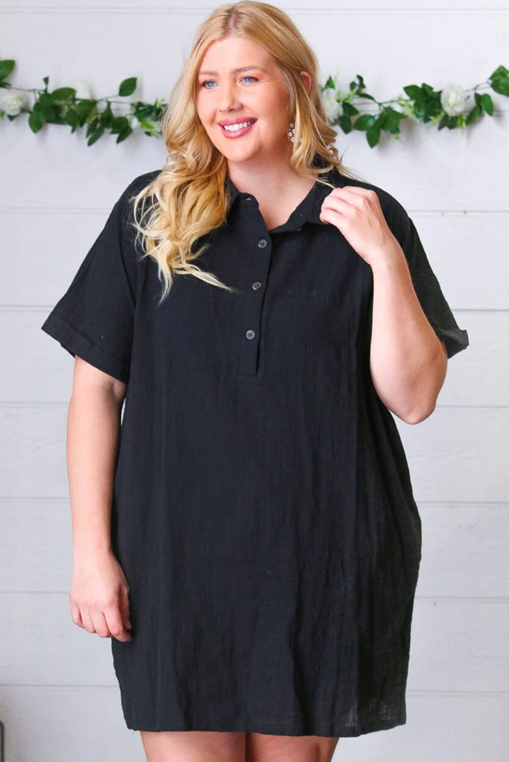 Black Plus Size Shirt Collar Buttoned Short Sleeve Shift Dress