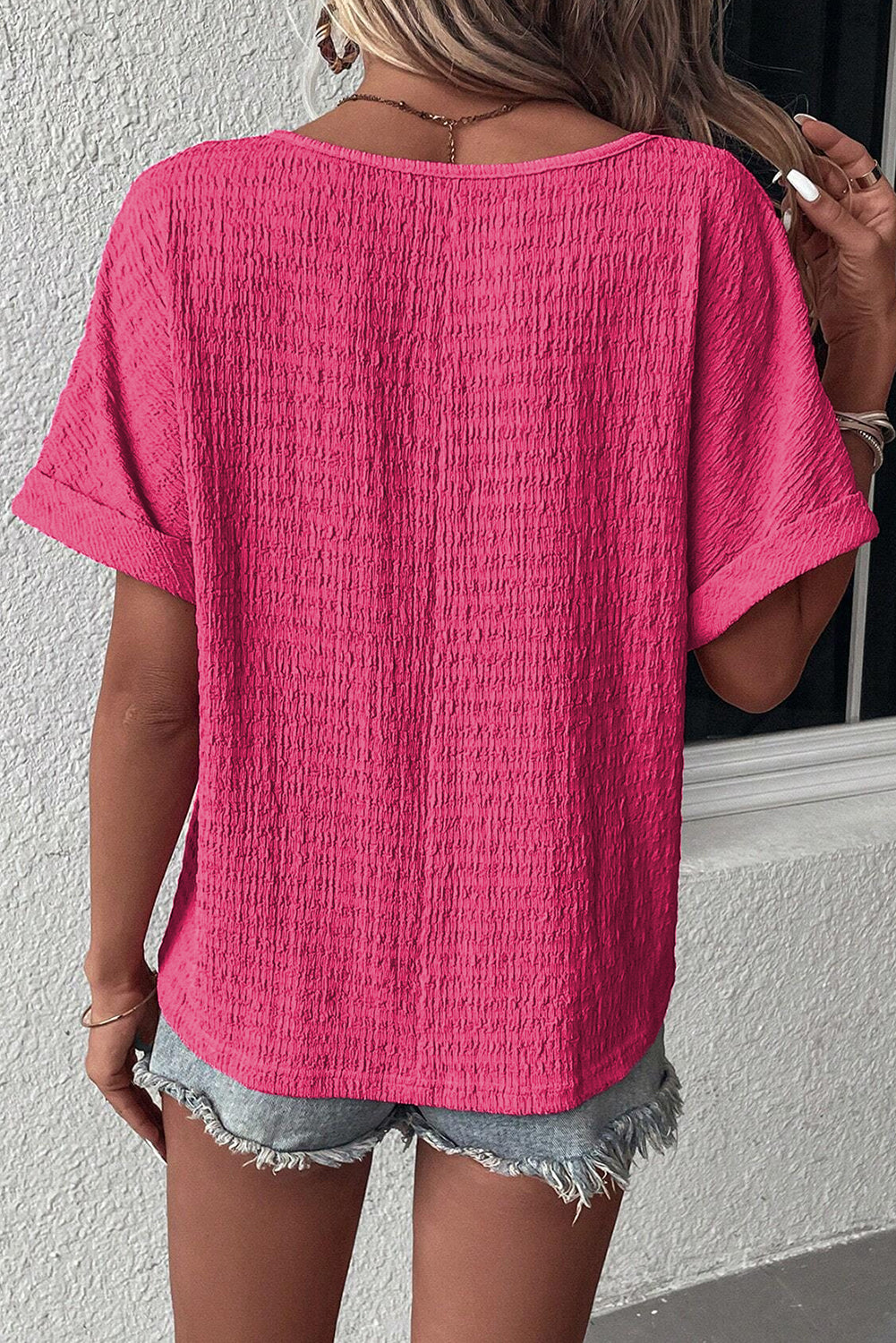 Bright Pink Textured Rolled Sleeve V Neck Tee