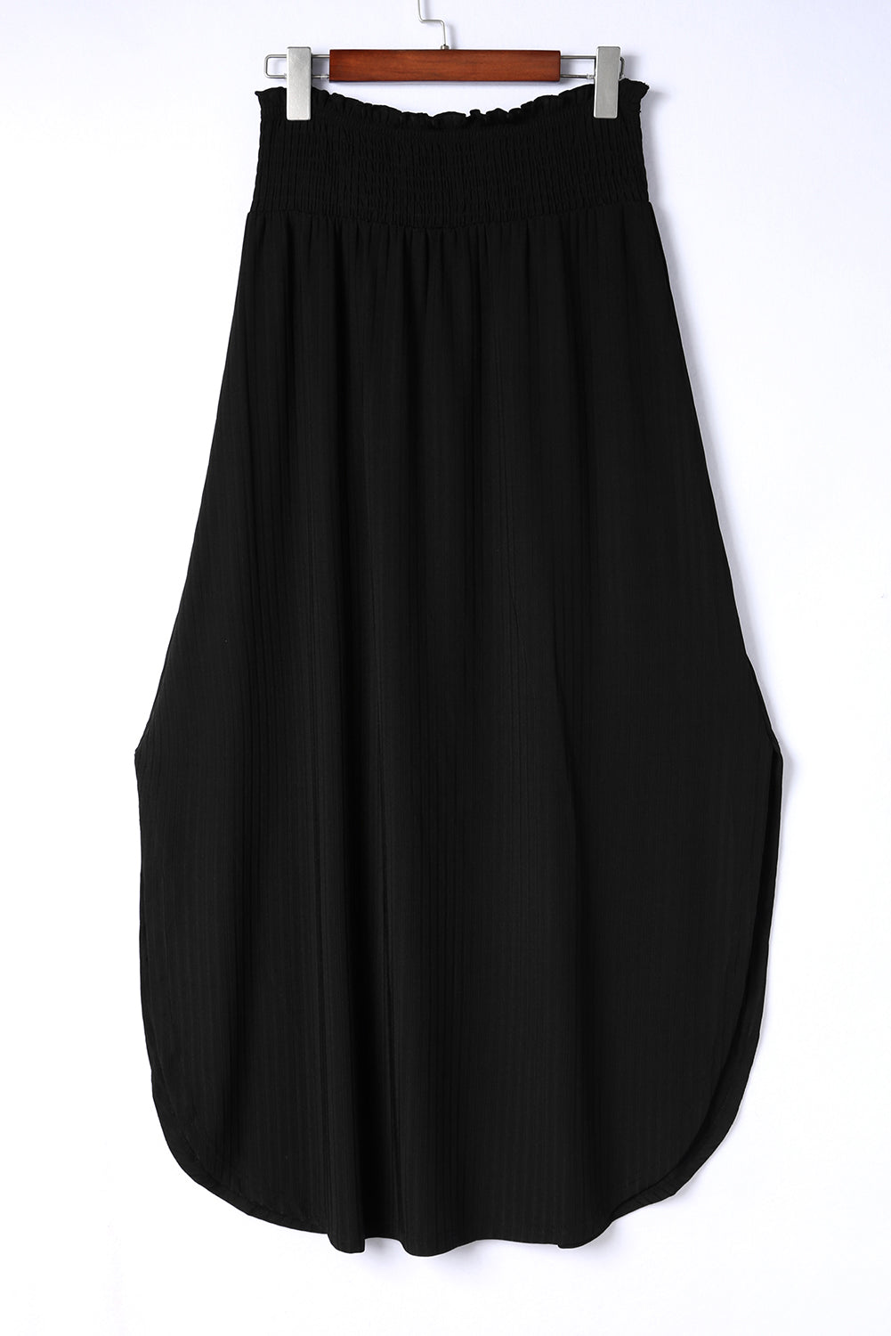 Black Smocked High Waist Maxi Skirt with Slit