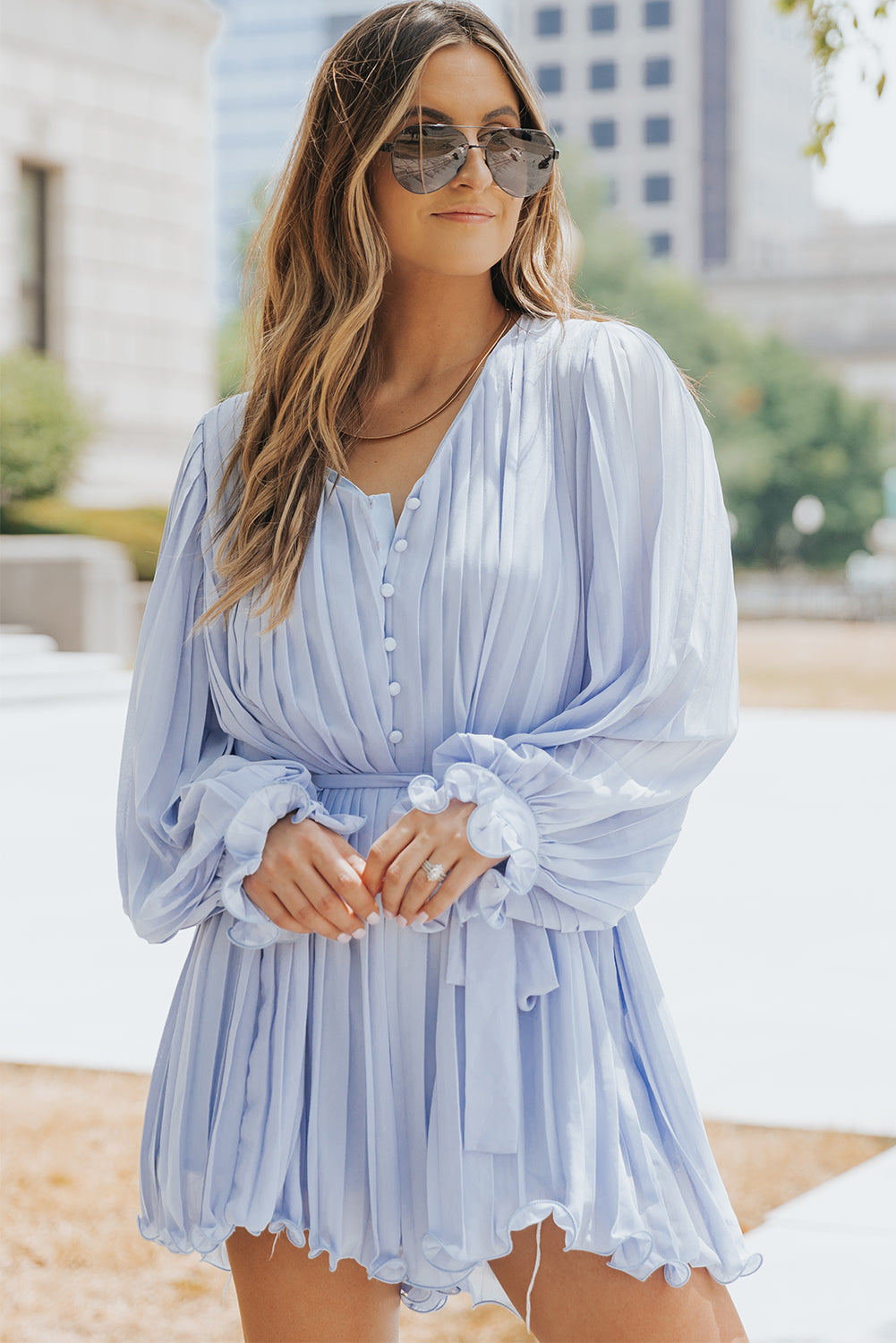 Sky Blue Pleated Ruffled Tie Waist Buttons V Neck Romper