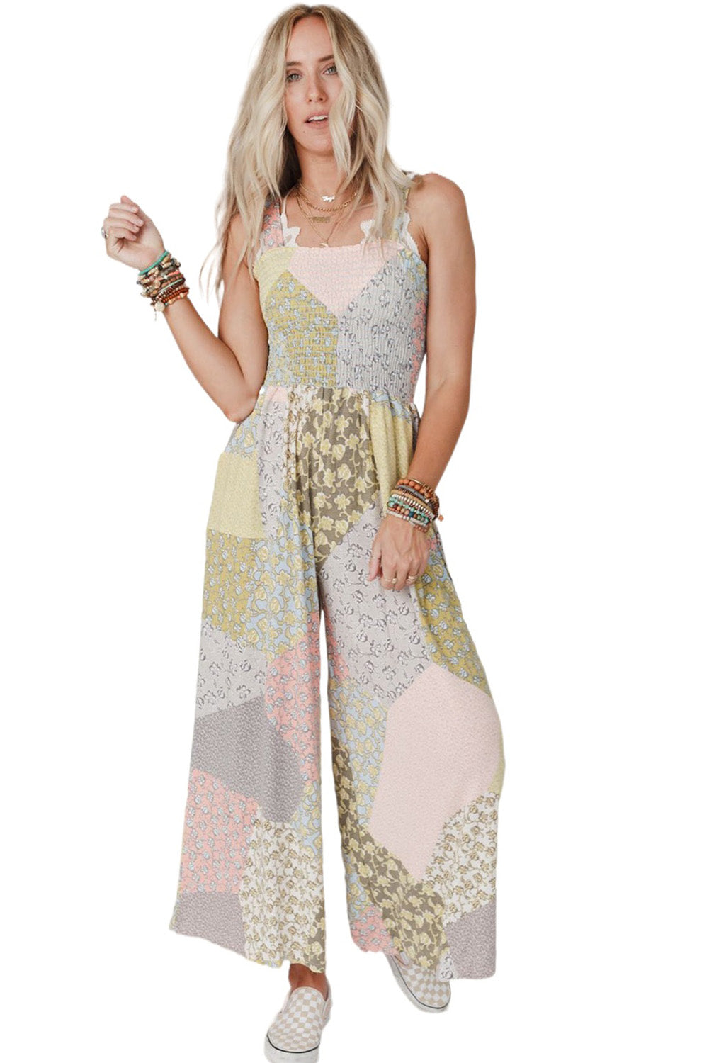 Multicolor Irregular Patchwork Print Smocked Wide Leg Jumpsuit