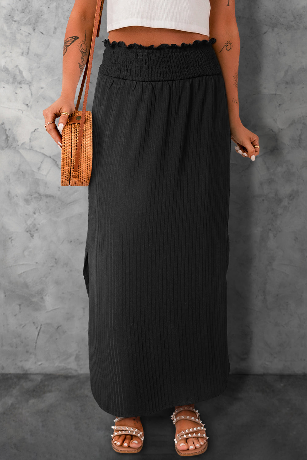 Black Smocked High Waist Maxi Skirt with Slit