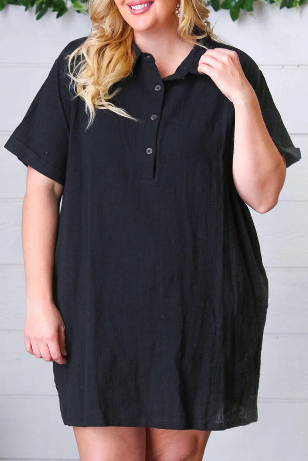 Black Plus Size Shirt Collar Buttoned Short Sleeve Shift Dress