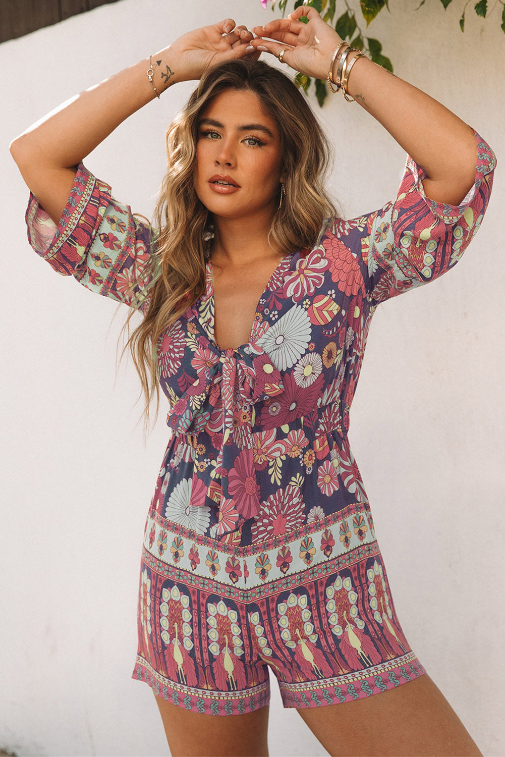 Purple Vintage Printed 3/4 Sleeves V Neck Romper