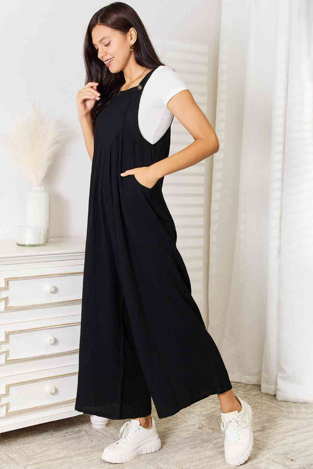 Black Buttoned Straps Crinkled Wide Leg Pocketed Overalls