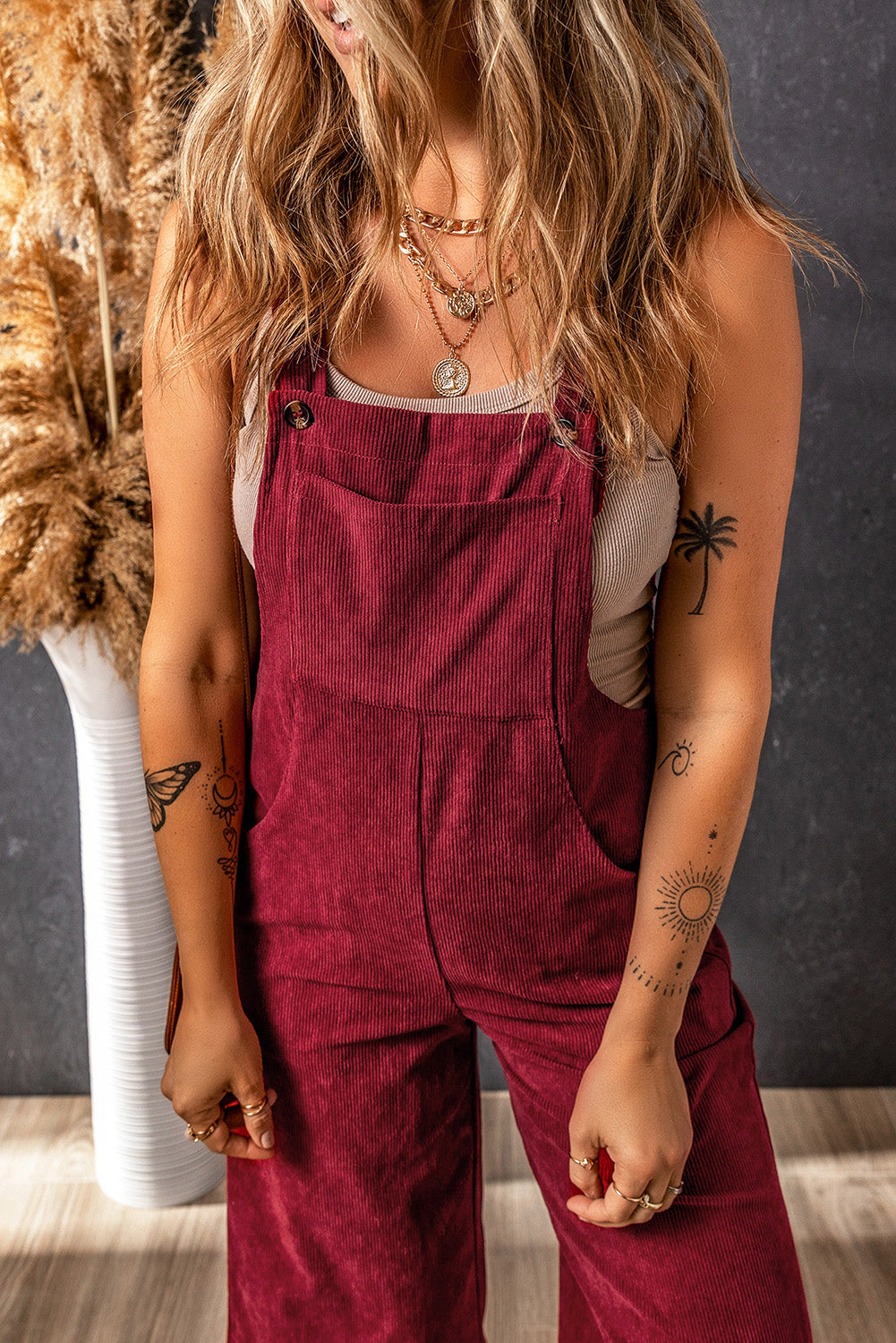 Fiery Red Solid Color Corduroy Wide Leg Bib Overalls