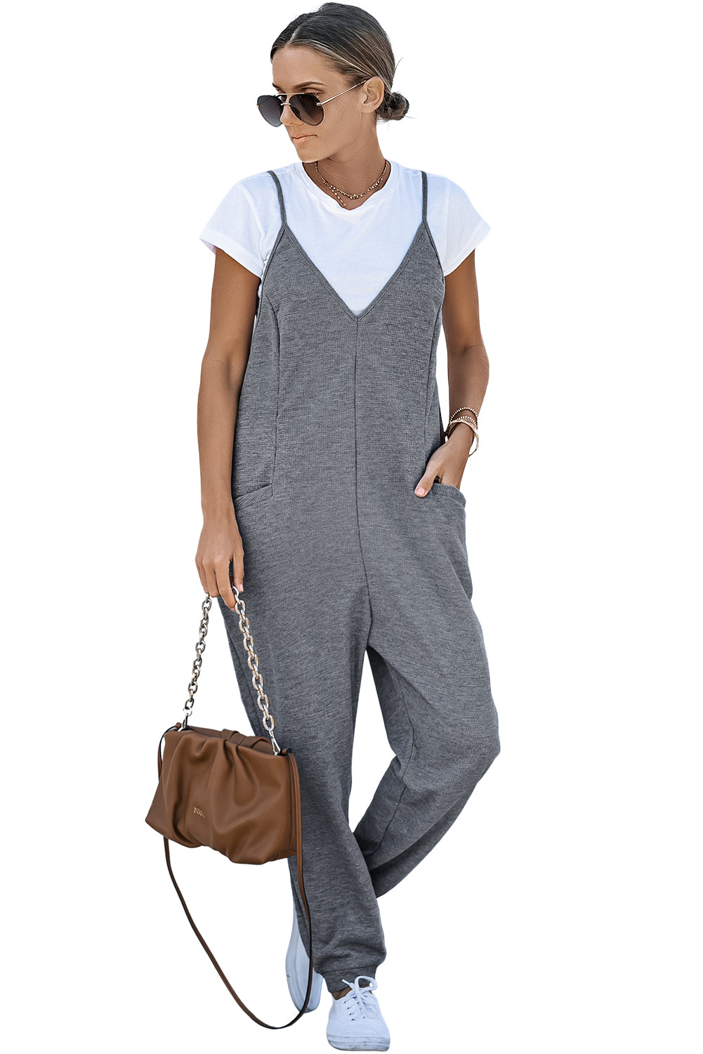 Gray Textured Sleeveless V-Neck Pocketed Casual Jumpsuit