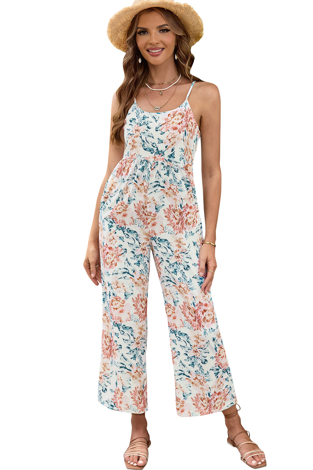 Orange Floral Spaghetti Straps Wide Leg Jumpsuit