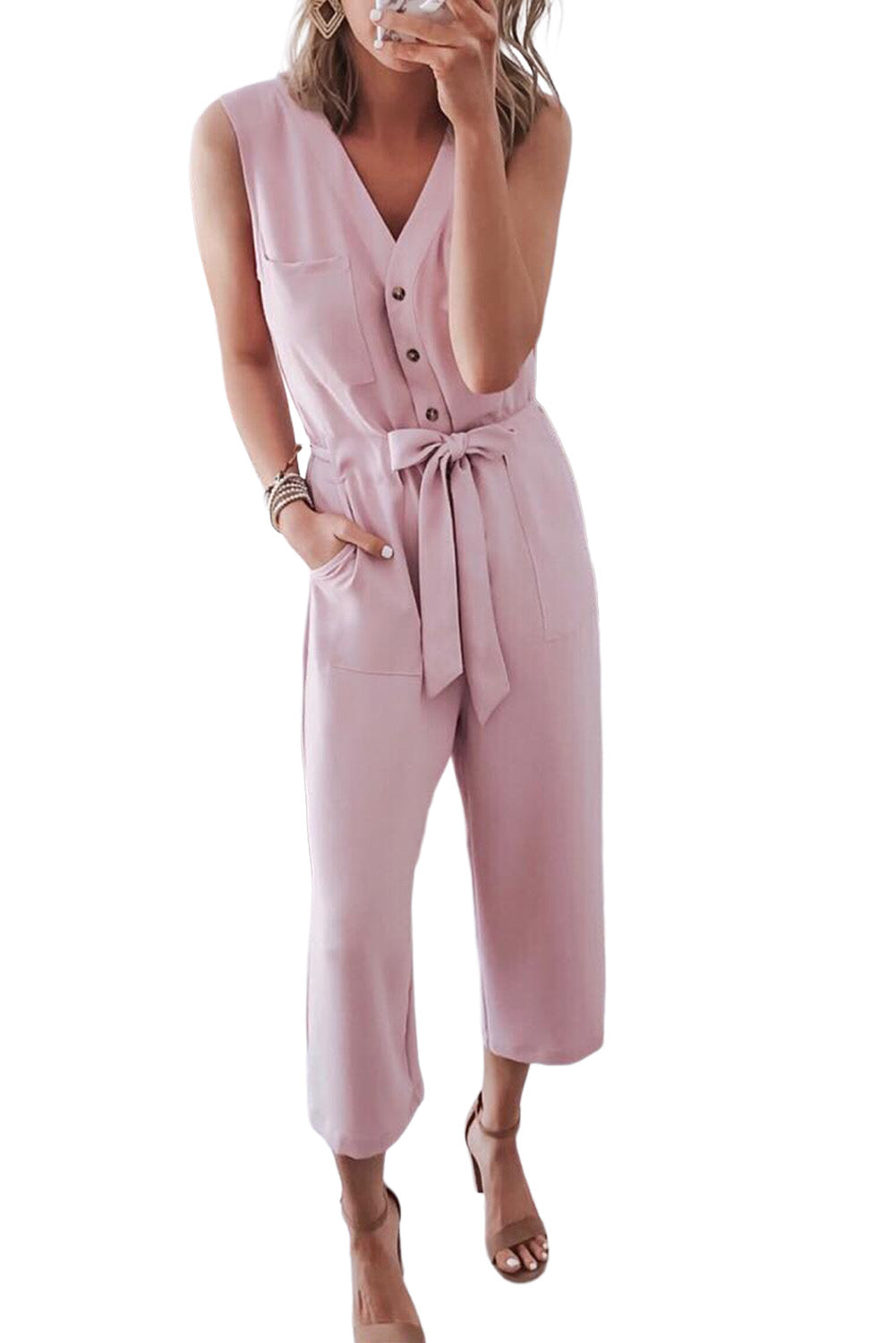 Pink Buttoned Sleeveless Cropped Jumpsuit with Sash