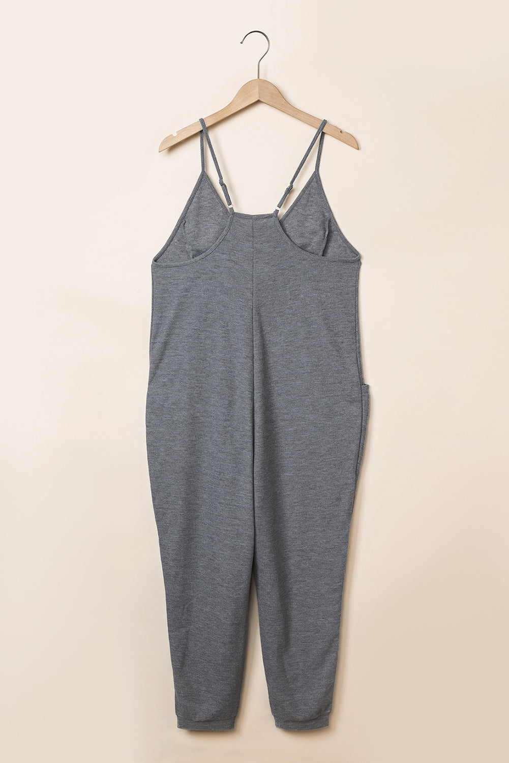 Gray Textured Sleeveless V-Neck Pocketed Casual Jumpsuit