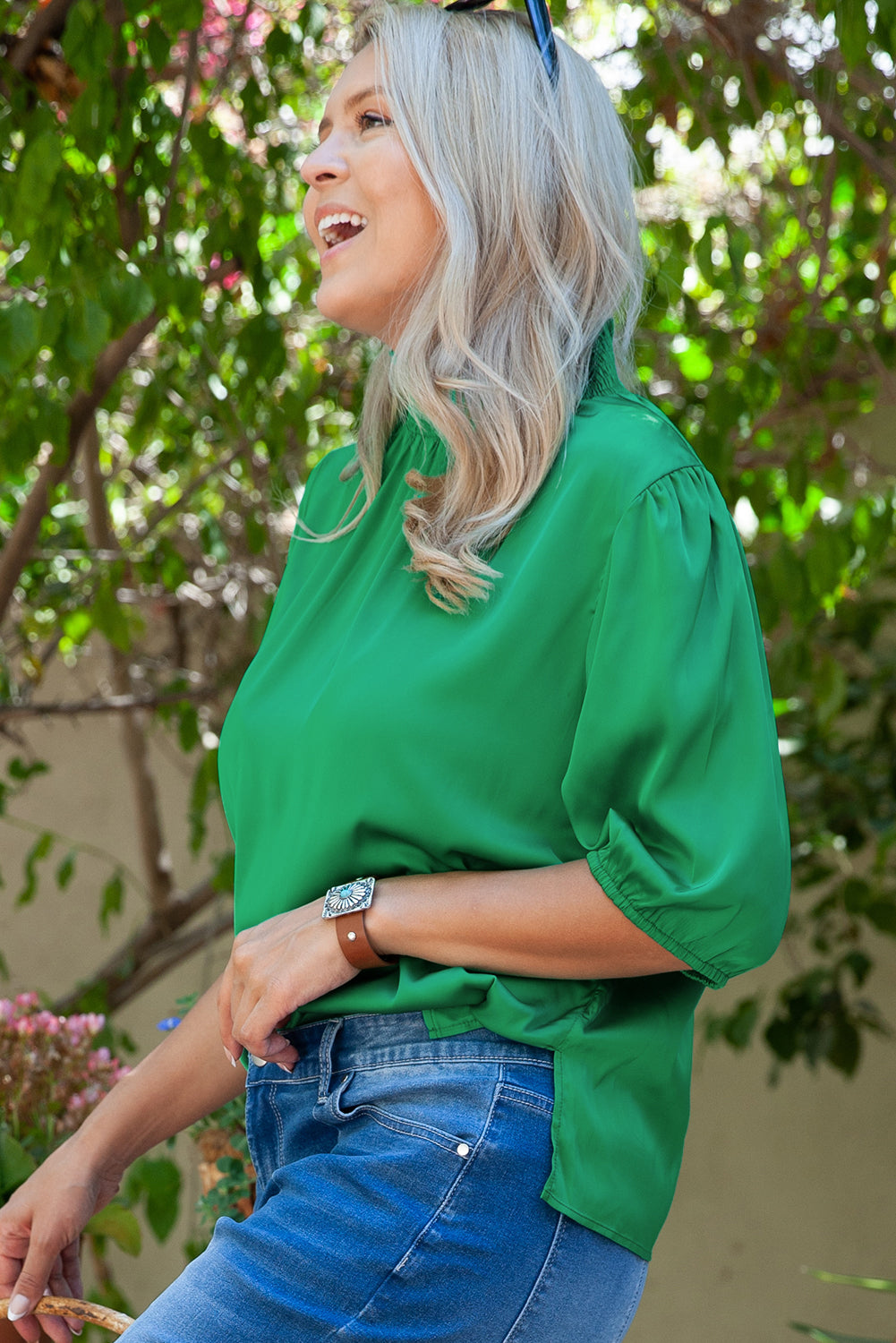 Sea Green Shirred High Neck Puff Sleeve Plus Size Blouse