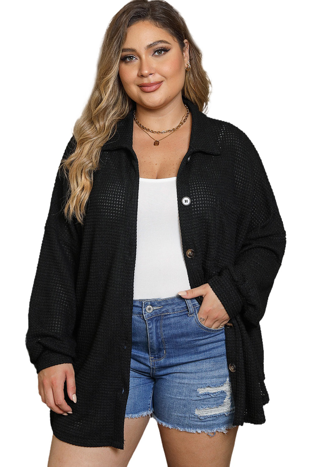 Black Plus Size Chest Pocket Waffle Knit Shirt