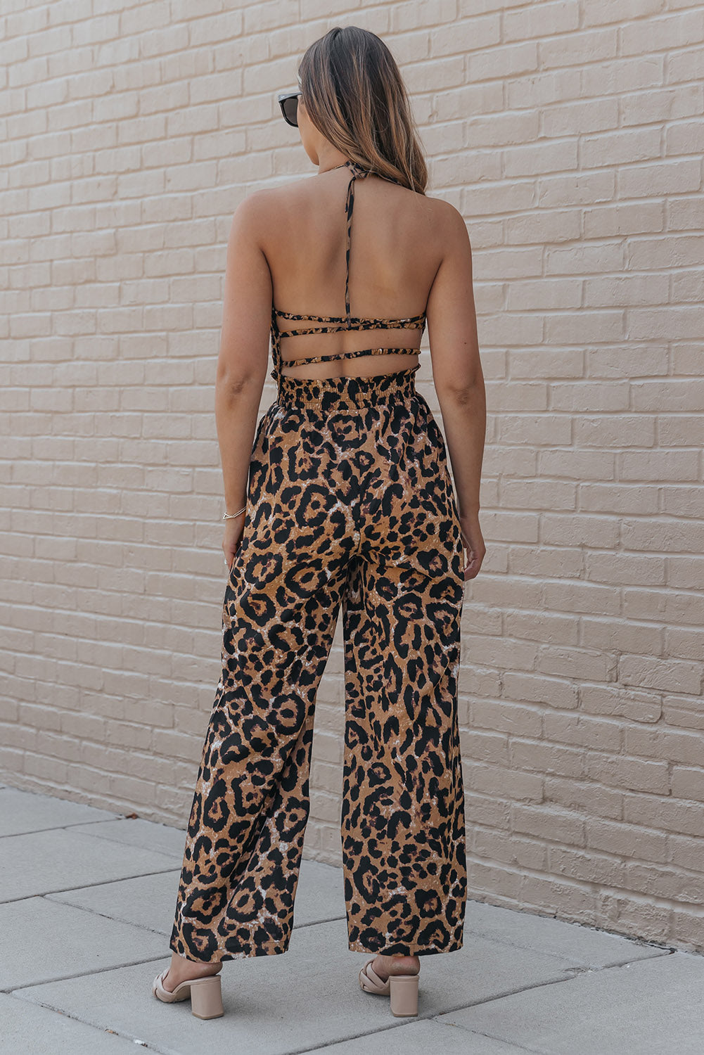 Leopard Print Halter Neck Backless Wide Leg Jumpsuit