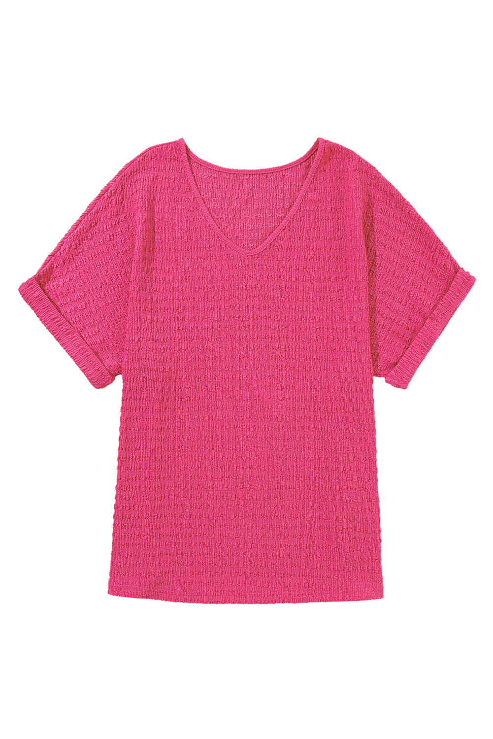 Bright Pink Textured Rolled Sleeve V Neck Tee