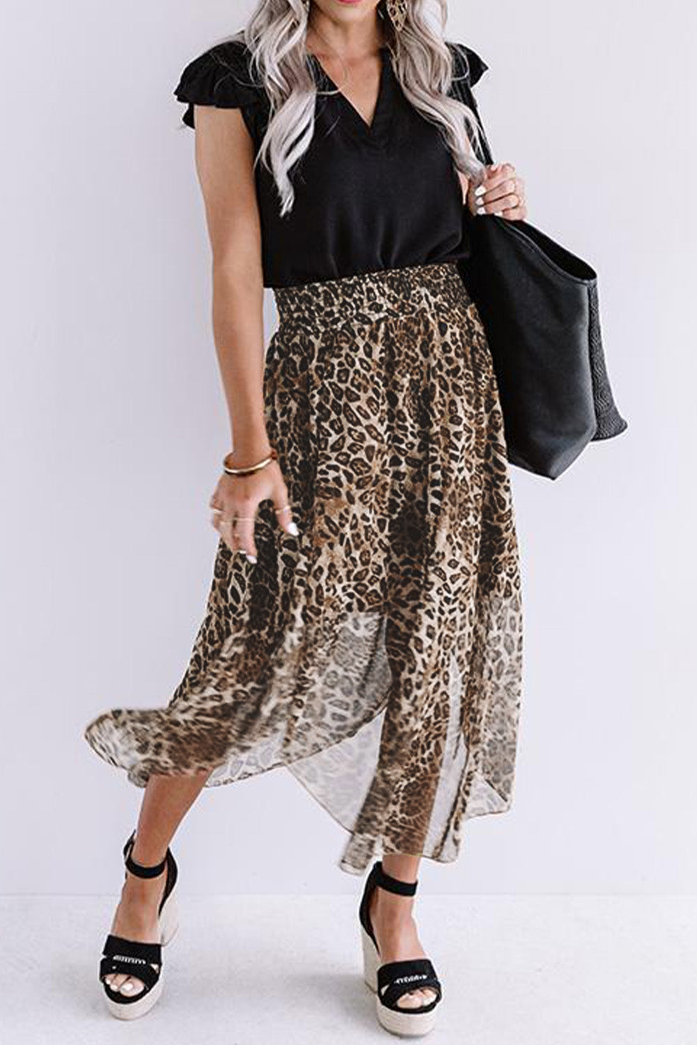 Smocked Waist Leopard Skirt