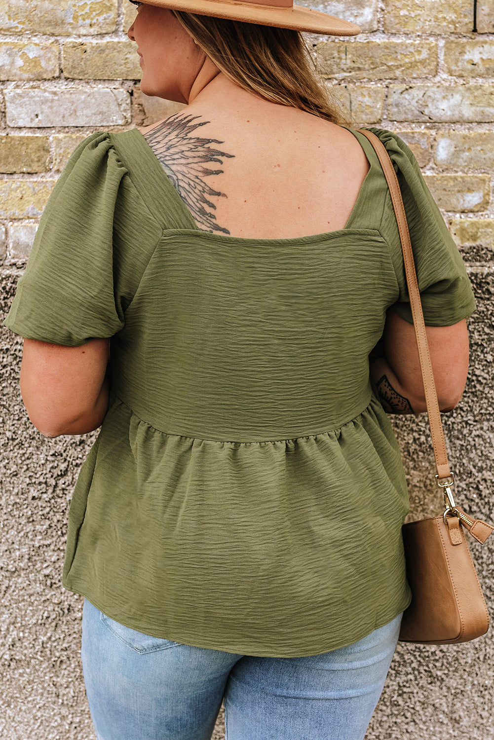 Jungle Green Solid Short Sleeve Square Neck Plus Babydoll Top