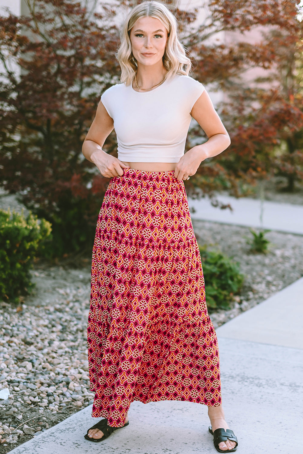 Rose Vintage Boho Floral Print Tiered Maxi Skirt