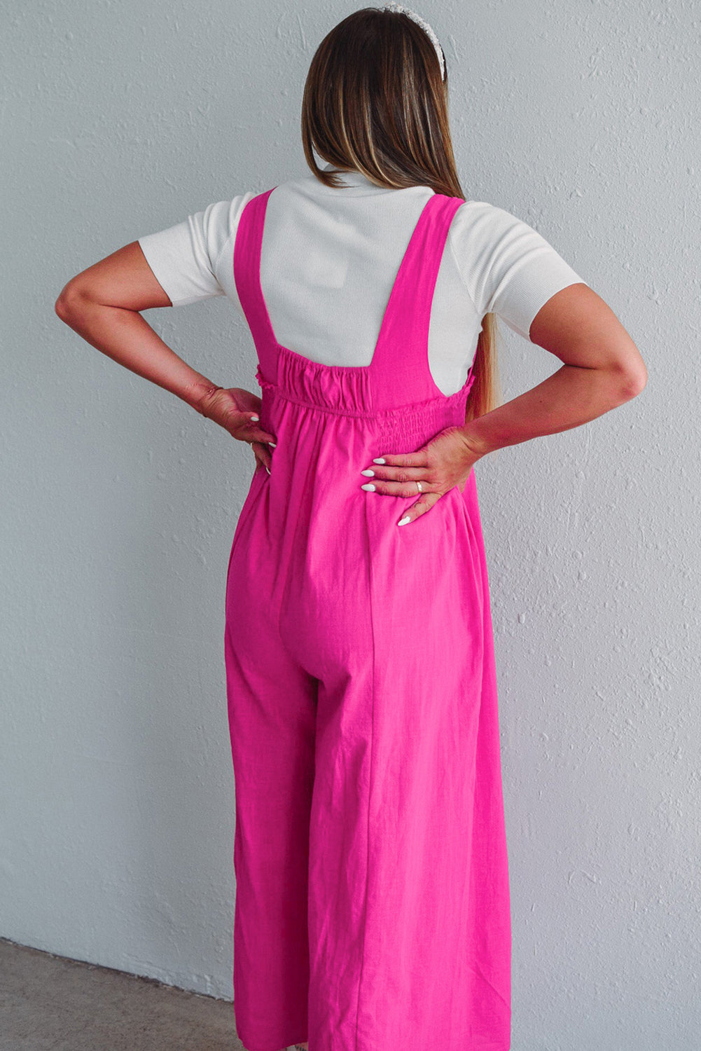 Strawberry Pink Wide Straps Smocked Detail Wide Leg Overalls