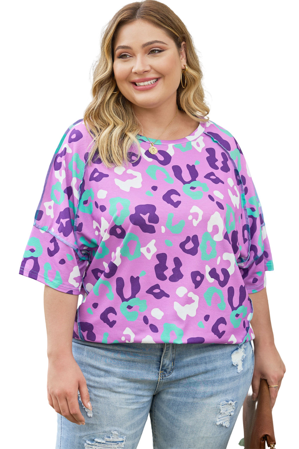 Purple Leopard Kiss Print Plus Size Short Sleeve Tee